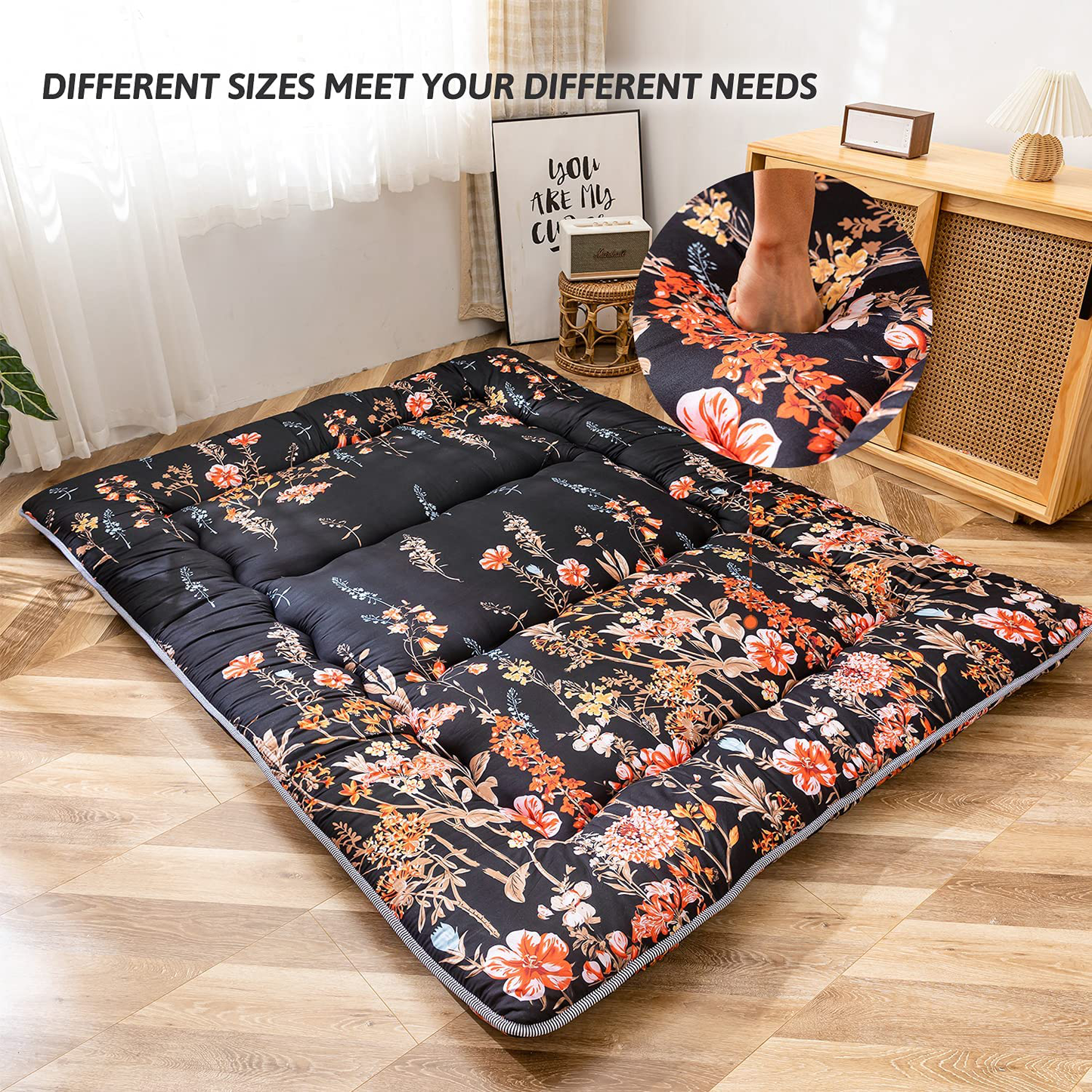 Floral Japanese Futon Floor Mattress, Bed Mattress Topper with Roll Up Design 