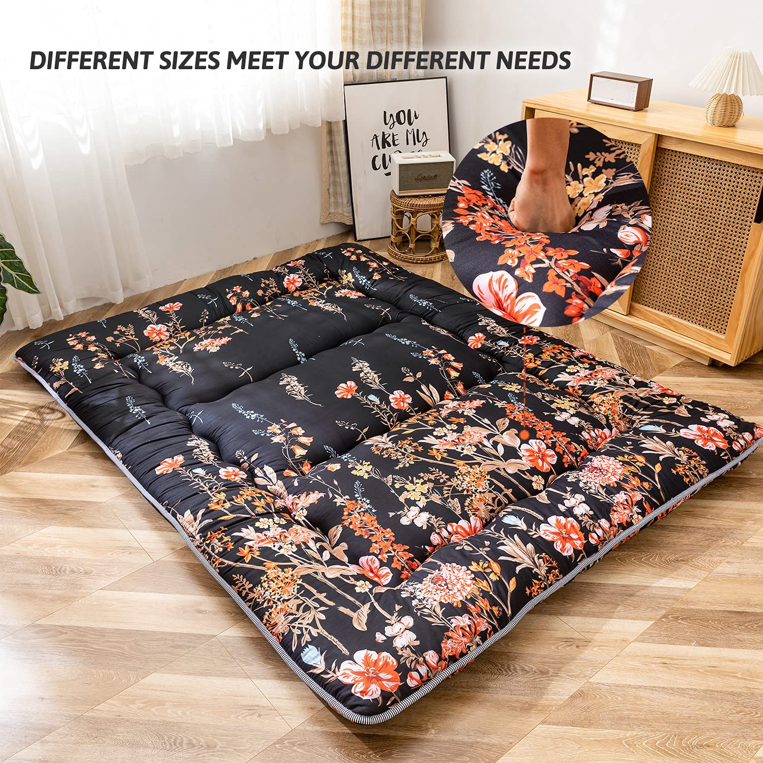 Floral Japanese Futon Floor Mattress, Bed Mattress Topper with Roll Up Design 