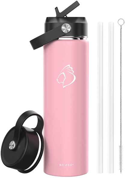 BUZIO Insulated Water Bottle with Straw Lid and Flex Cap, 32oz, 40oz, 64oz, 87oz Modern Double Vacuum Stainless Steel Water Flask, Cold for 48 Hrs Hot for 24 Hrs Simple Thermo Canteen Mug,BPA-Free