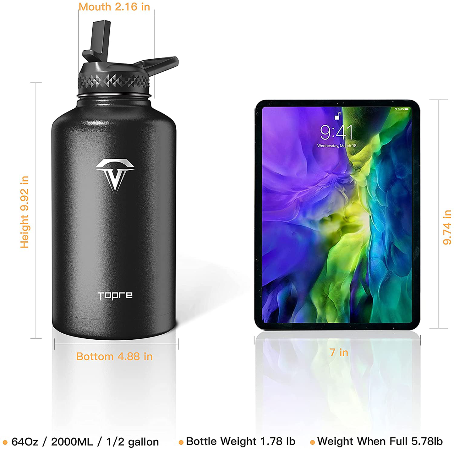 64 oz Insulated Water Bottle, Topre Half Gallon Vacuum Stainless Steel Sports Water Jug with 3 Lids & Brushes, BPA-free Reusable Triple Walled Thermo Mug Canteen for Sports Outdoor Camping, Black
