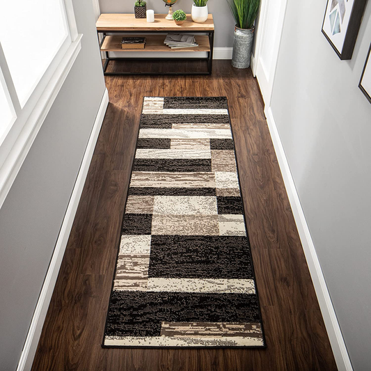 SUPERIOR Rockwood Modern Geometric Patchwork Polypropylene Indoor Area Rug or Runner with Jute Backing, 2'6" X 12', Chocolate