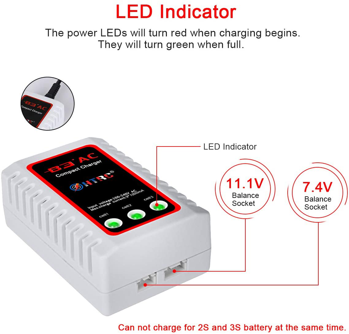 HTRC LiPo Battery Charger 2S-3S RC Balance Charger B3AC Pro Compact Charger for 7.4-11.1V LiPo Batteries(Black)