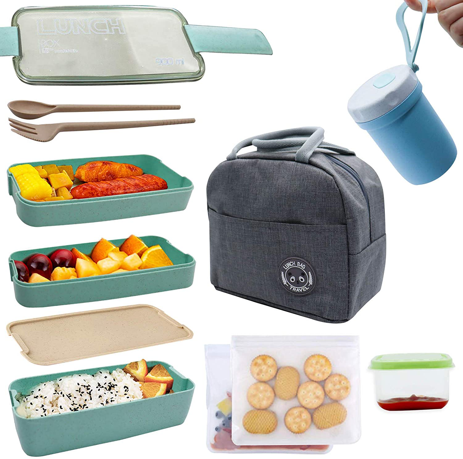 Koccido Bento Box Lunch Box Kit,Japanese Lunch Box 3-In-1 Compartment,Stackable Lunch Box Leakproof Lunch Container,Bento Lunch Box for Kids and Adults