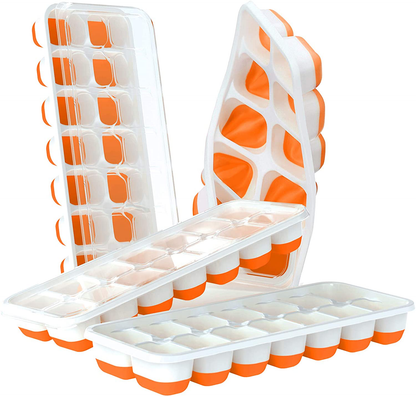 DOQAUS Ice Cube Trays 4 Pack, Easy-Release Silicone & Flexible 14-Ice Cube Trays with Spill-Resistant Removable Lid, LFGB Certified and BPA Free, for Cocktail, Freezer, Stackable Ice Trays