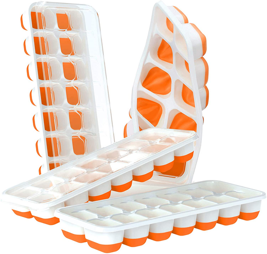 DOQAUS Ice Cube Trays 4 Pack, Easy-Release Silicone & Flexible 14-Ice Cube Trays with Spill-Resistant Removable Lid, LFGB Certified and BPA Free, for Cocktail, Freezer, Stackable Ice Trays