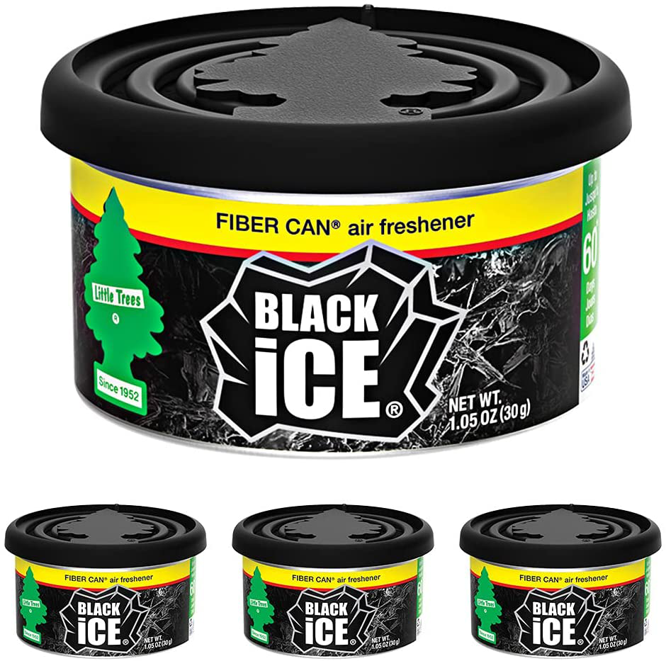 Little Trees Car Air Freshener | Fiber Can Provides a Long-Lasting Scent for Auto or Home | Adjustable Lid for Desired Strength | Black Ice, 4-Pack