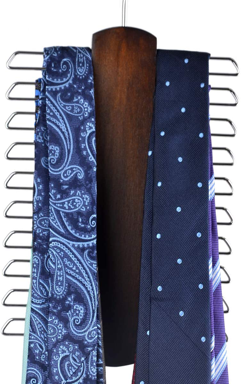 Umo Lorenzo Premium Wooden Necktie and Belt Hanger, Walnut Wood Center Organizer and Storage Rack with a Non-Slip Finish - 20 Hooks (Wooden)