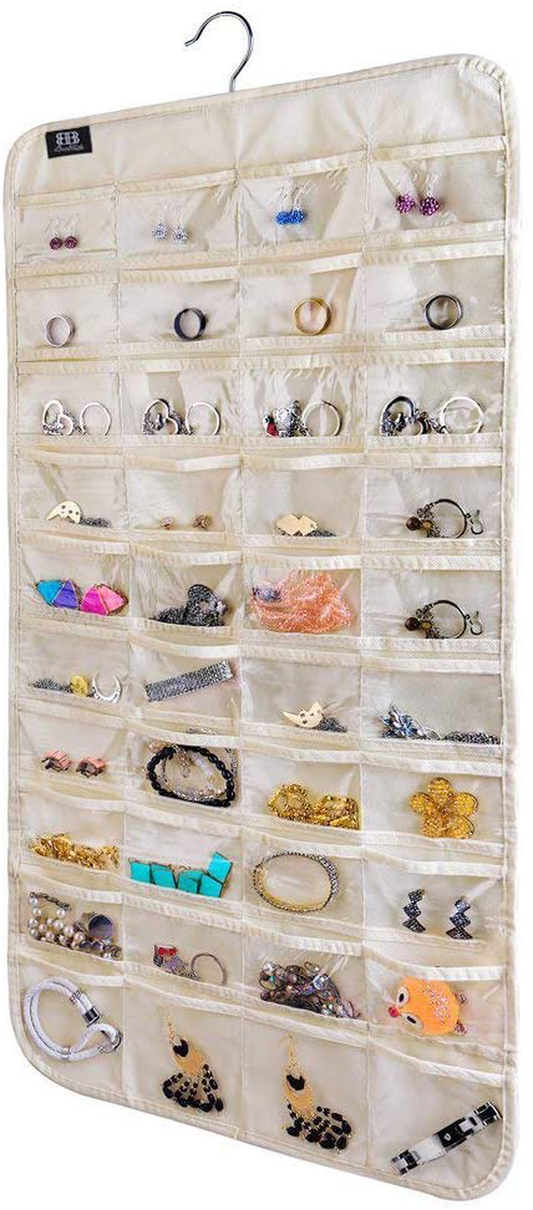 BB Brotrade Hanging Jewelry Organizer,Accessories Organizer with Embossed Pattern, Double Sided 80 Clear PVC Pockets Organizer for Storage Jewelry (White Embossing)