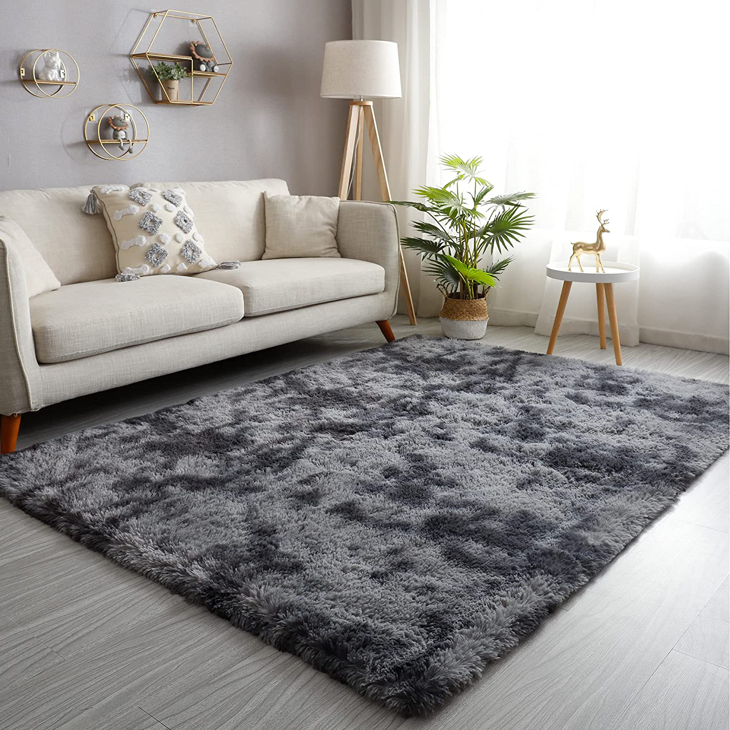 GKLUCKIN Shag Ultra Soft Area Rug, Fluffy 3'X5' Tie-Dyed Grey&Blue Plush Indoor Fuzzy Faux Fur Rugs Non-Skid Furry Carpet for Living Room Bedroom Nursery Kids Playroom Decor1