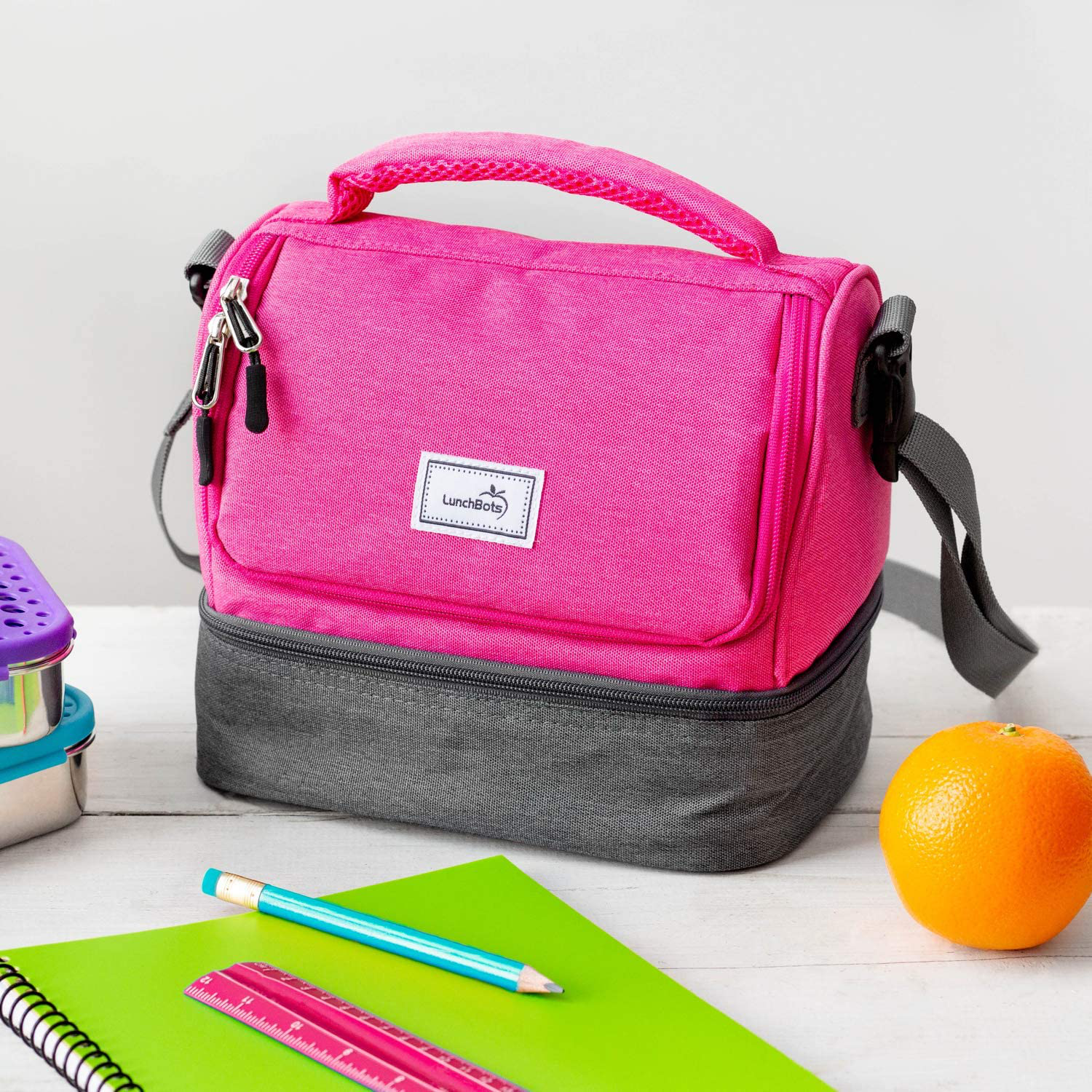 LunchBots Duplex Insulated Lunch Bag - Dual Section Design Fits LunchBots Uno, Duo, Trio, Quad, Rounds, Bento Cinco Perfectly - Roomy Thermal Lunch Bag for Kids and Adults - Pink