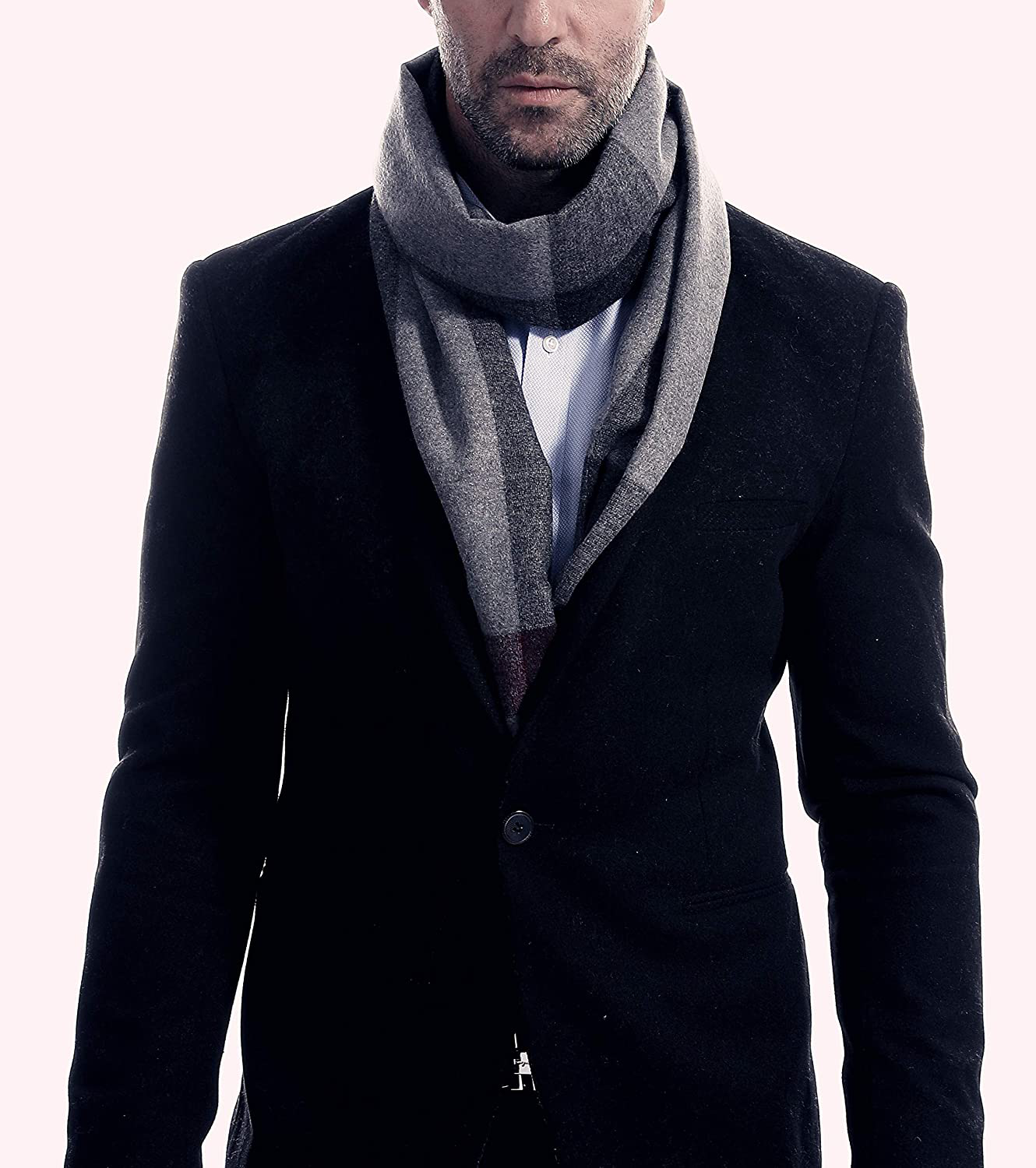 Men's Winter Scarf, Soft Long Cashmere Feel Scarves for Men with Fringes Tartan - Grey Black Red Plaid
