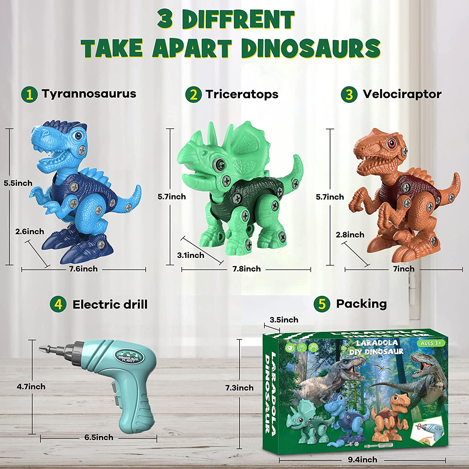 Dinosaur Toys for 3 4 5 6 7 Year Old Boys, Take Apart Dinosaur Toys for Kids 3-5 5-7 STEM Construction Building Kids Toys with Electric Drill, Dinosaur Toys Christmas Birthday Gifts Boys Girls