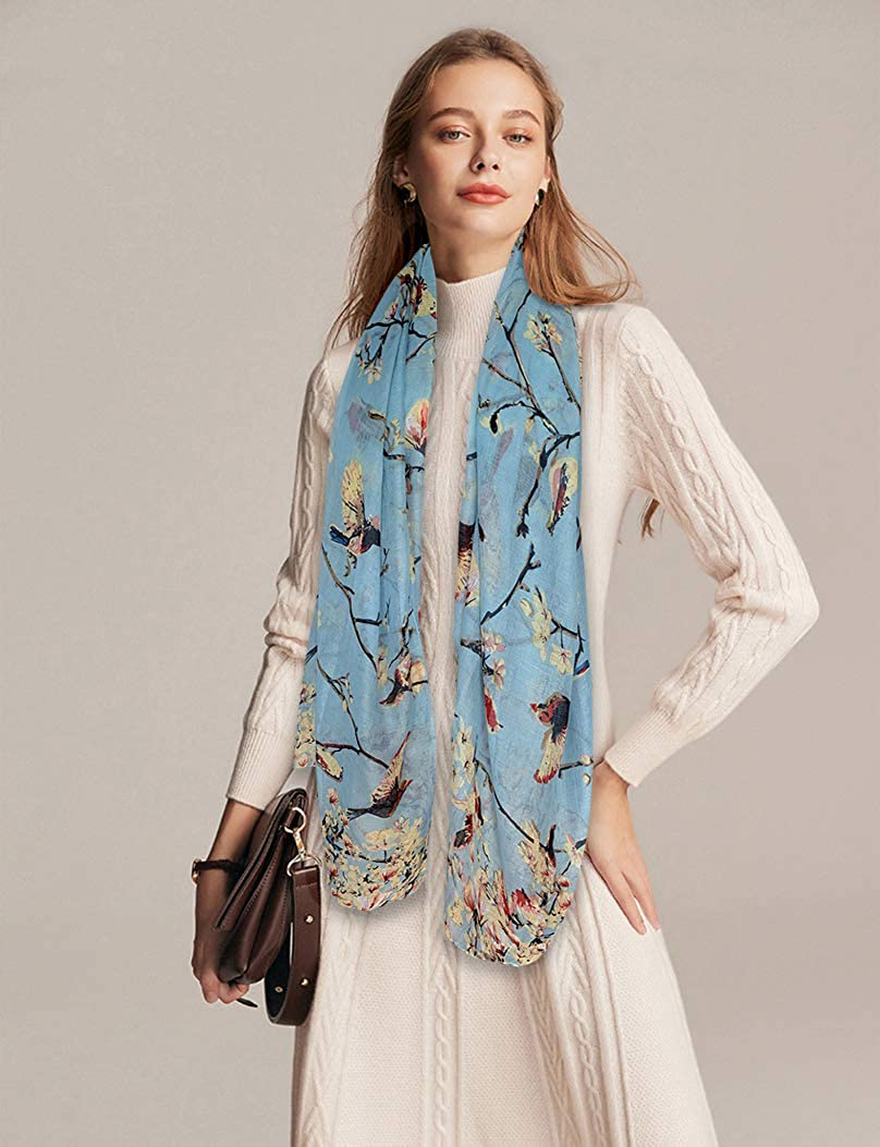 GERINLY Scarfs for Women Lightweight Floral Birds Print Cotton Scarves and Wraps for Holiday