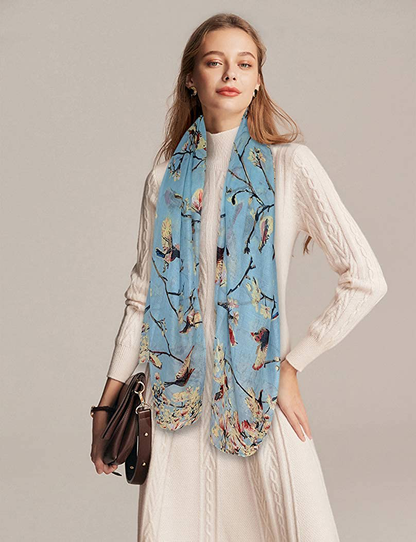 GERINLY Scarfs for Women Lightweight Floral Birds Print Cotton Scarves and Wraps for Holiday