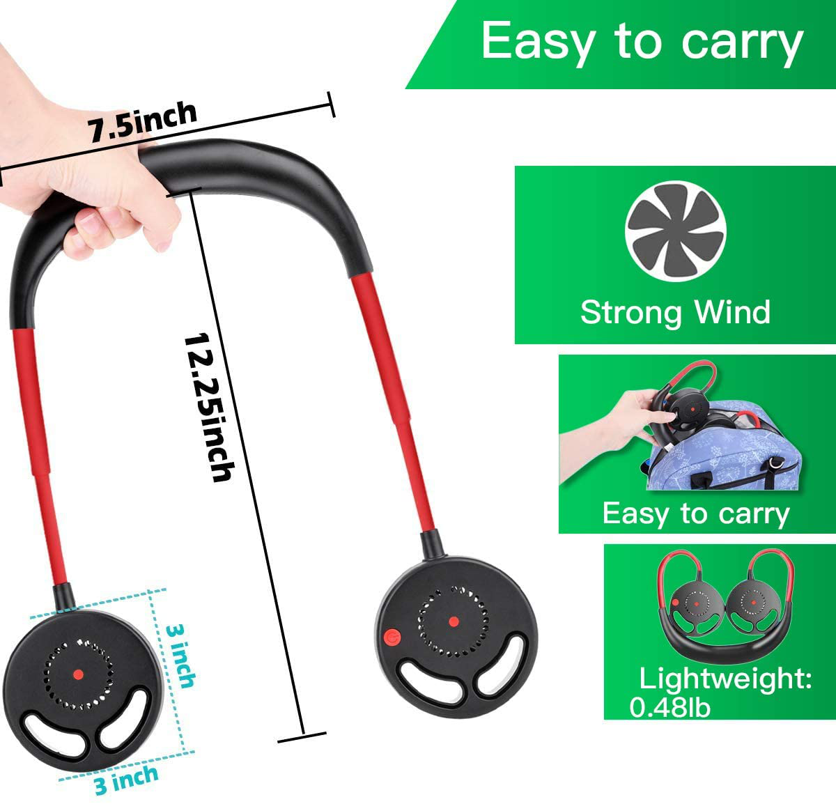 Hands Free Portable Neck Fan, Mini USB Bladeless Personal Fan with Neck Hanging Design USB Battery Rechargeable with 3 Speeds Adjustable Air Flow, 2 Wind Head for Travel Outdoor Office Home Sports