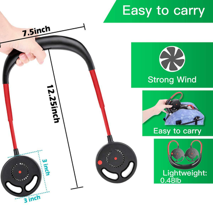 Hands Free Portable Neck Fan, Mini USB Bladeless Personal Fan with Neck Hanging Design USB Battery Rechargeable with 3 Speeds Adjustable Air Flow, 2 Wind Head for Travel Outdoor Office Home Sports