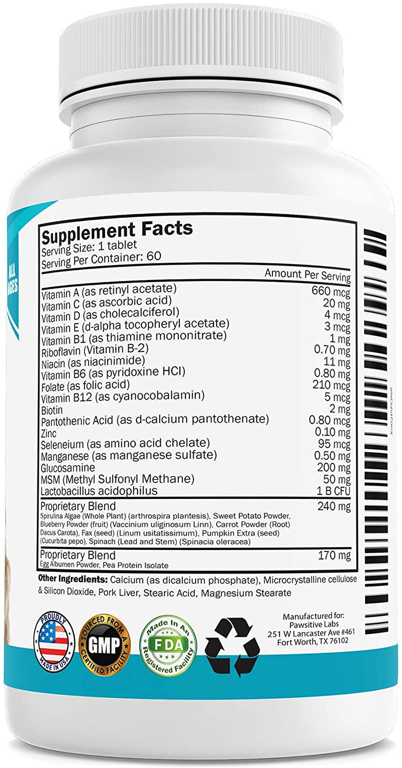 PAWSITIVE LABS 10 in 1 Dog Multivitamin with Glucosamine, D3, MSM to Help Reduce Joint Inflammation and Increase Immune System, Mobility and Flexibility – All-in-One Daily Dog Vitamin and Supplement