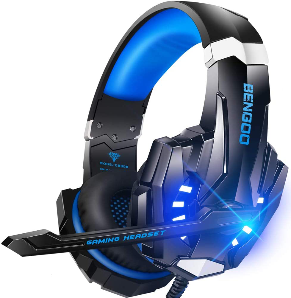 BENGOO G9000 Stereo Gaming Headset for PS4 PC Xbox One PS5 Controller, Noise Cancelling Over Ear Headphones with Mic, LED Light, Bass Surround, Soft Memory Earmuffs for Laptop Mac - Black