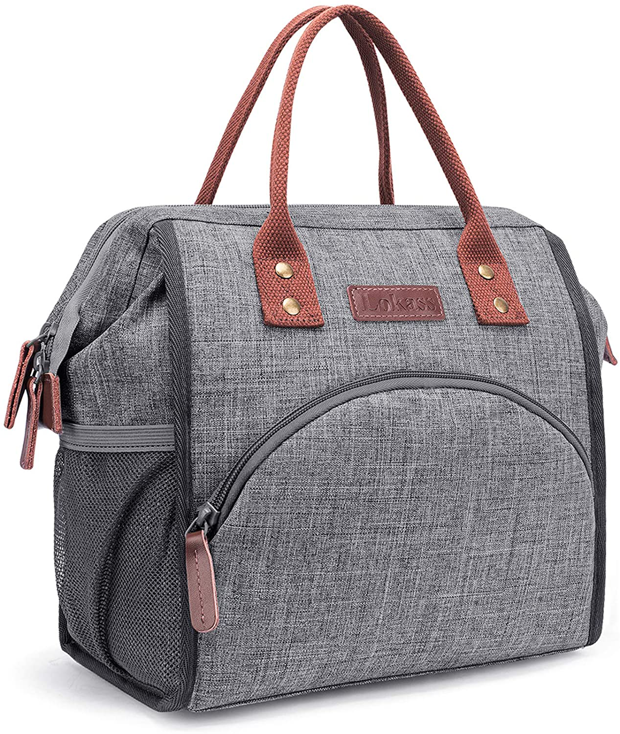 LOKASS Lunch Bag Insulated Lunch Box Wide-Open Lunch Tote Bag Large Drinks Holder Durable Nylon Thermal Snacks Organizer for Women Men Adults College Work Picnic Hiking Beach Fishing,Grey