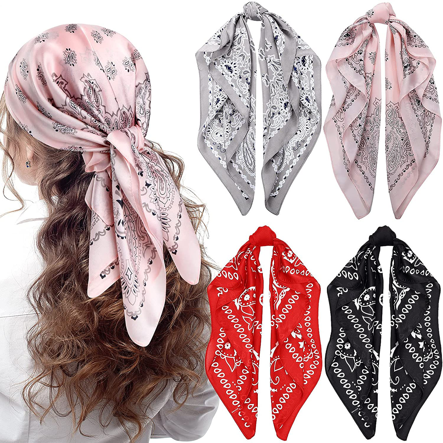 4 Pieces 27 Inch Satin Headband Scarves Silk Feeling Bandana Boho Head Scarves for Women Girls (Classic Pattern)