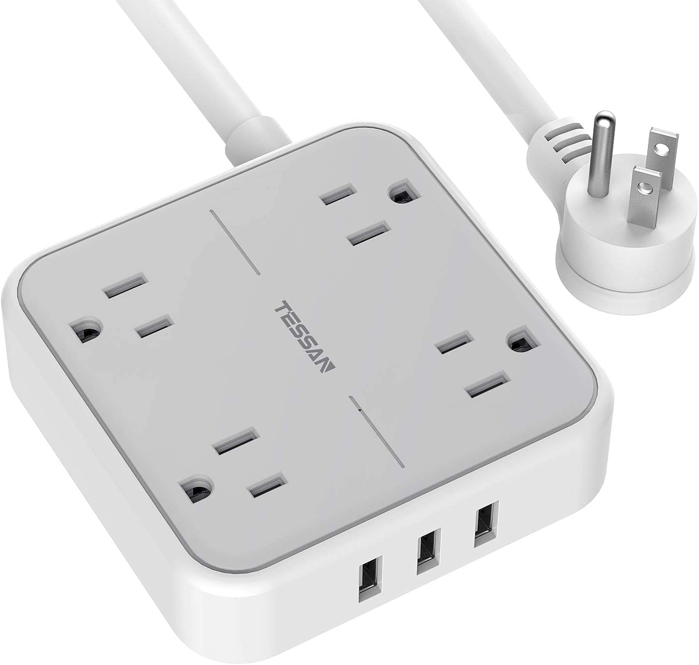 Power Strip with USB Ports, TESSAN Mountable Flat Plug Extension Cord with 4 Widely Spaced Outlets, 3 USB Charger 5 FT Power Cord, Compact Size Charging Station for Travel, Cruise Ship Essentials