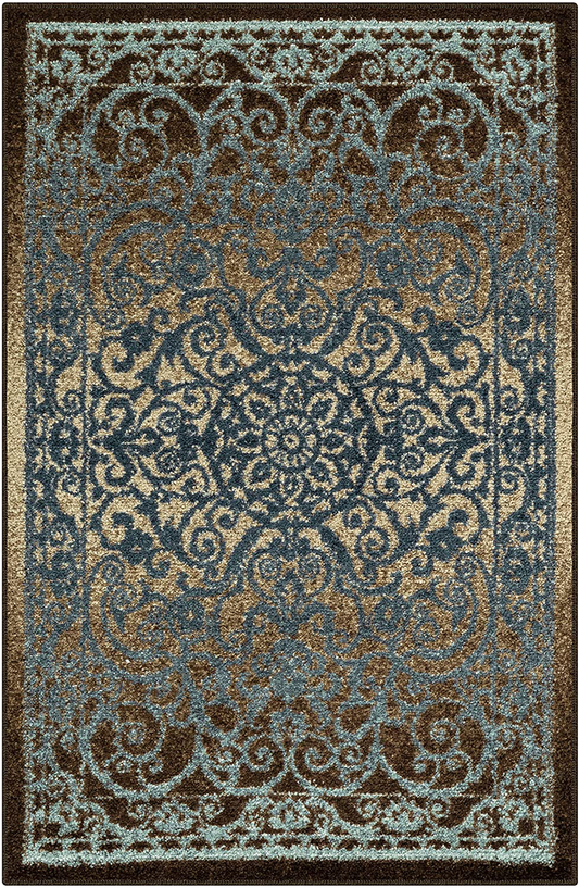 Maples Rugs Pelham Vintage Kitchen Rugs Non Skid Accent Area Carpet [Made in USA], 2'6 x 3'10, Blue/Walnut