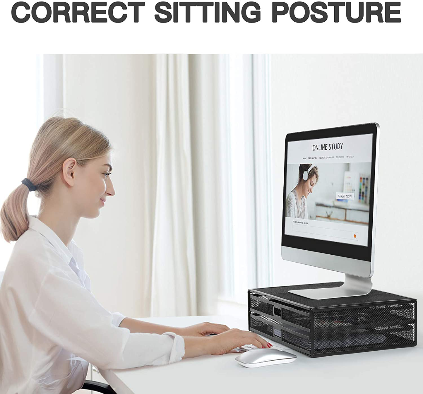 Monitor Stand Riser with Drawer - Mesh Metal Desk Organizer PC, Laptop, Notebook, Printer Holder with Pull Out Storage Drawer by HUANUO