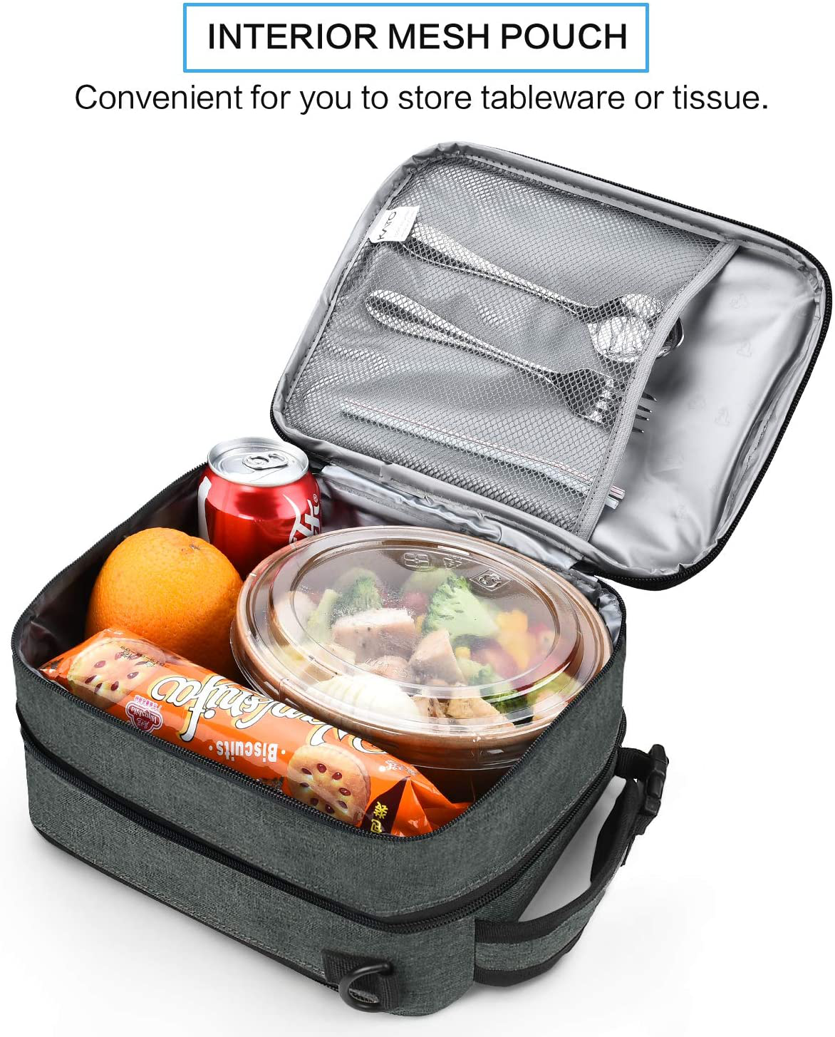 Expandable Insulated Lunch Bag, Leakproof Flat Lunch Cooler Tote with Shoulder Strap for Men and Women, Suitable for Work & Office by Tirrinia, Dark Grey