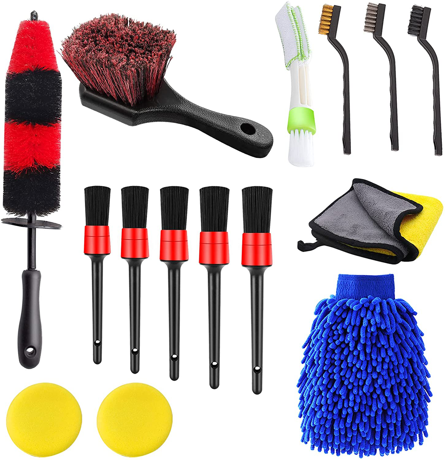 Jaronx 15 PCS Car Wheel & Tire Brush Set, 17 Inches Long Handle Rim Wheel Brush, Short Handle Wheel Brush, Detailing Brushes, Wash Mitt, Vent Duster, Wax Applicator Pads, Washing Towels, Wire Brushes
