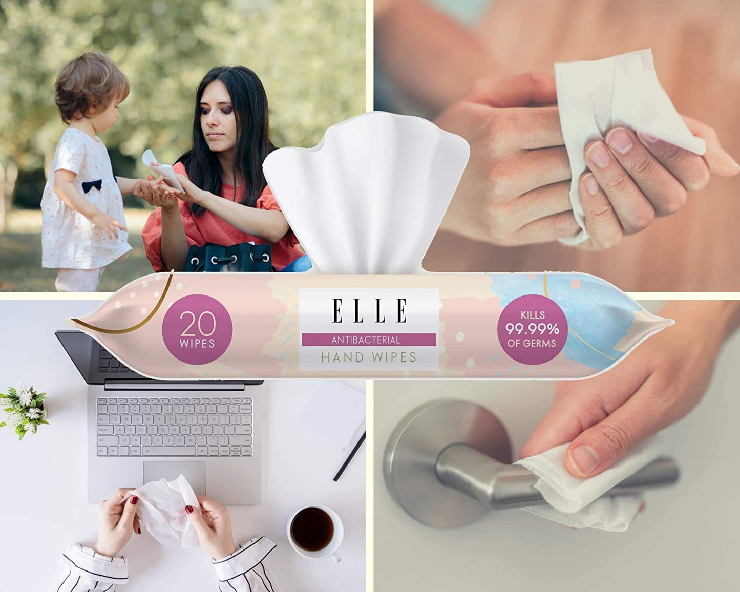 ELLE Alcohol Free Hand Sanitizing Wipes, Travel Size, 20 Wipes (3)