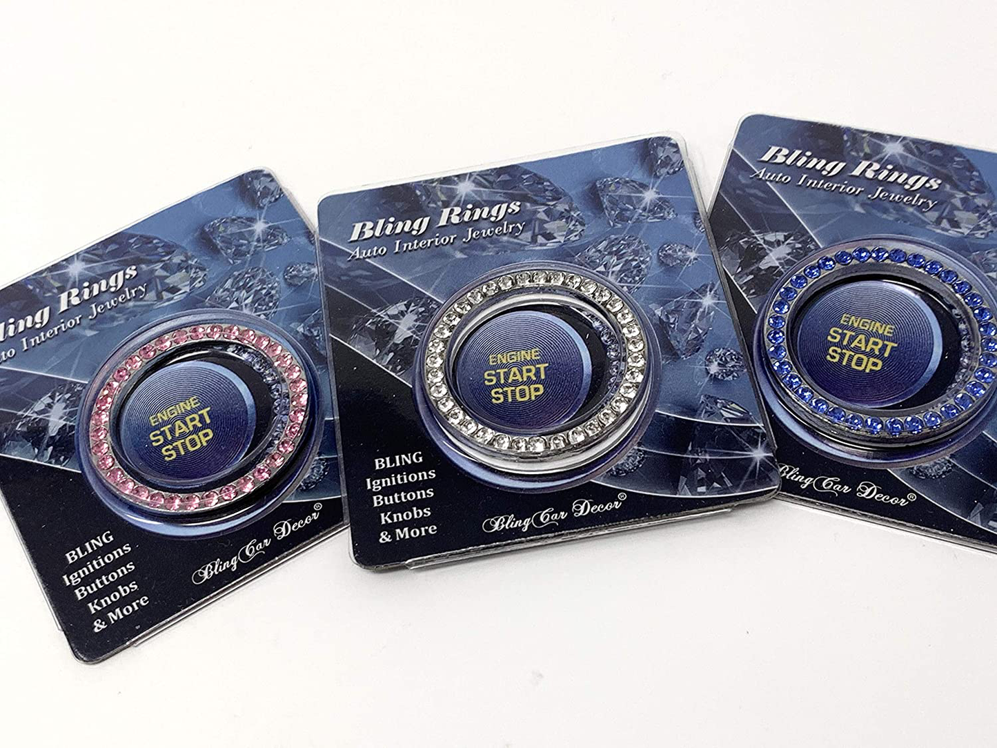 Bling Car Decor Crystal Rhinestone Car Bling Ring Emblem Sticker, Bling Car Accessories for Women, Push to Start Button, Key Ignition Starter & Knob Ring, Interior Glam Car Decor Accessory (Silver)