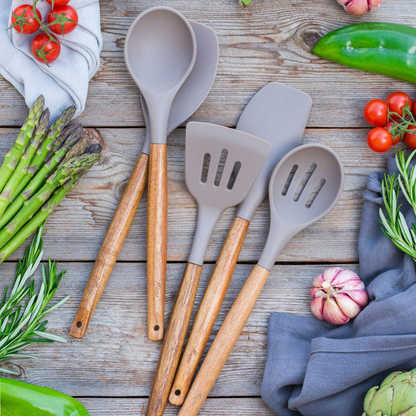 Miusco Non-Stick Silicone Cooking Utensils Set with Natural Acacia Hard Wood Handle, 5 Piece, Grey, High Heat Resistant