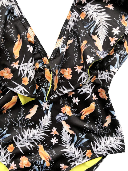 SheIn Women's Floral Plunge Neck One Piece Swimwear Ruffle Monokini Bathing Suit
