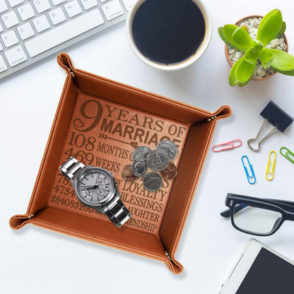 KATE POSH 9 Years of Marriage Engraved Leather Catchall Valet Tray, Our 9th Wedding Anniversary, 9 Years as Husband & Wife, Gifts for Her, for Him, for Couples (Rawhide)