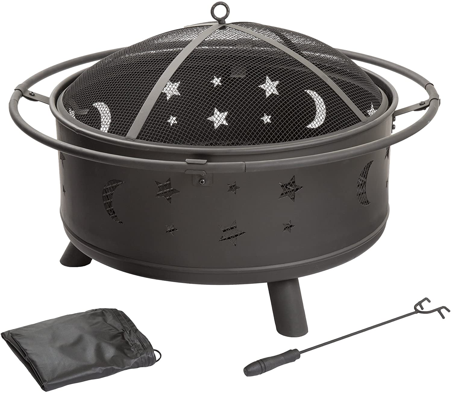 Fire Pit Set, Wood Burning Pit - Includes Screen, Cover and Log Poker- Great for Outdoor and Patio, 30 inch Round Star and Moon Firepit by Pure Garden