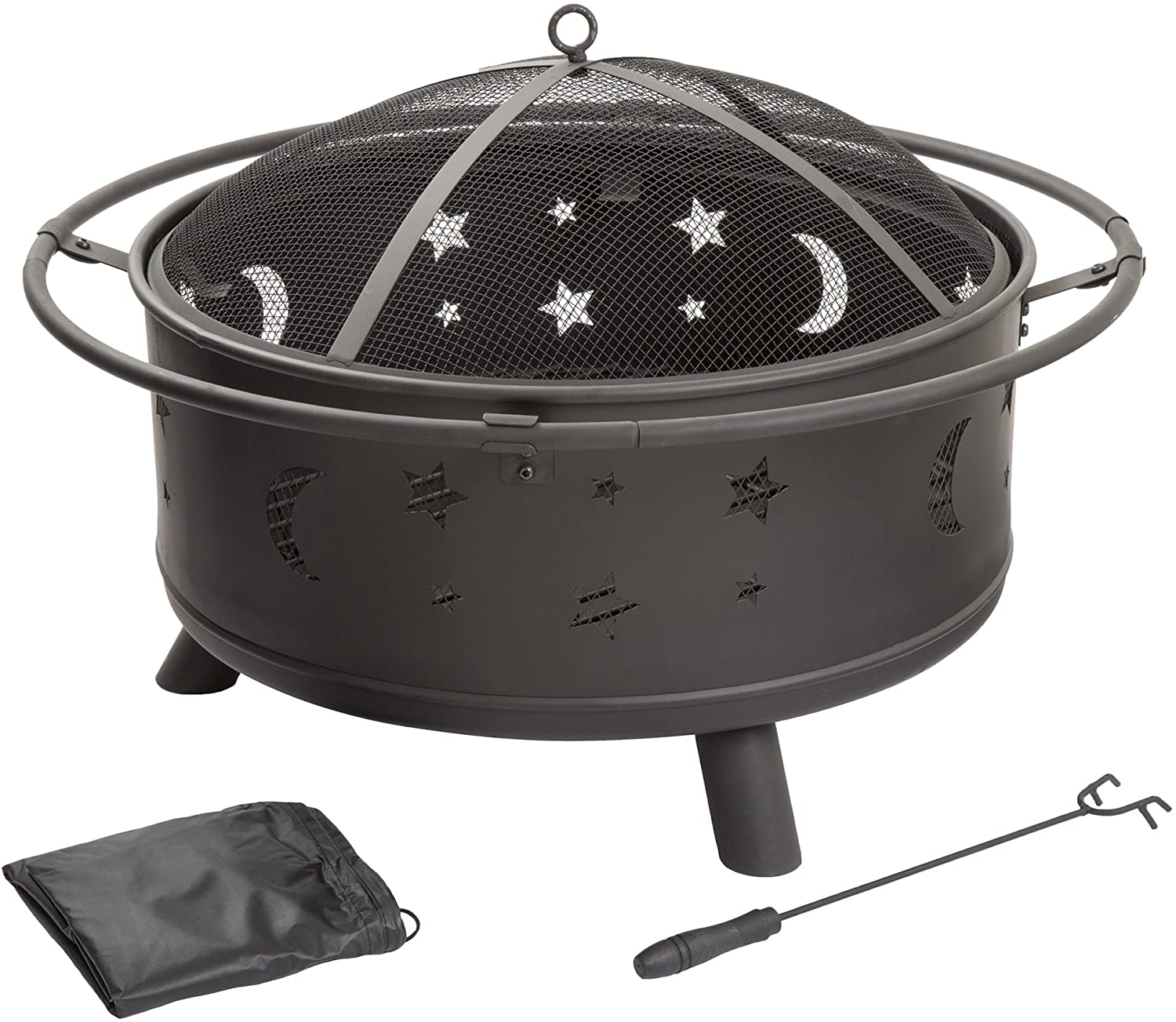 Fire Pit Set, Wood Burning Pit - Includes Screen, Cover and Log Poker- Great for Outdoor and Patio, 30 inch Round Star and Moon Firepit by Pure Garden