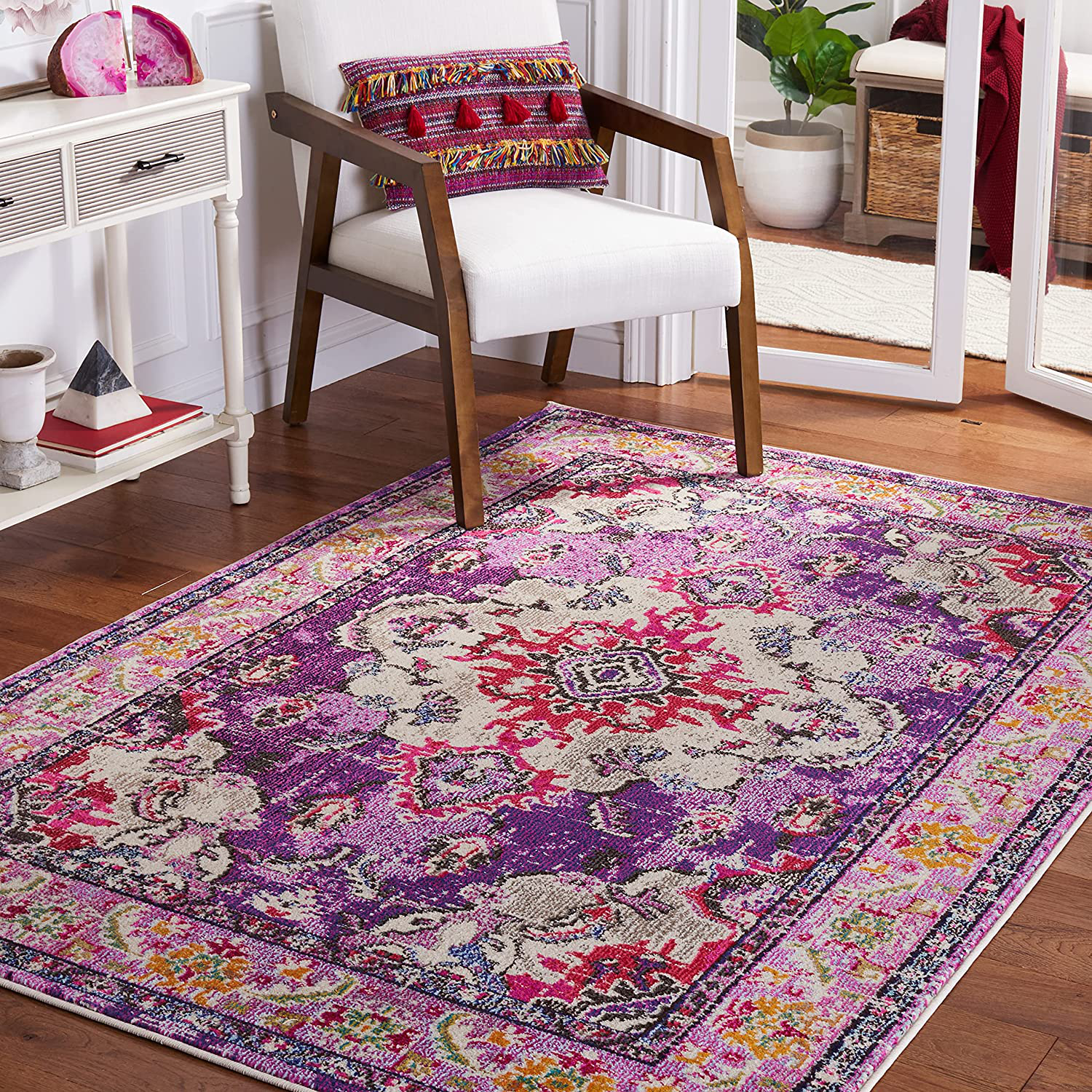 Safavieh Monaco Collection MNC243P Boho Chic Medallion Distressed Non-Shedding Stain Resistant Living Room Bedroom Area Rug, 4' x 5'7", Violet / Fuchsia