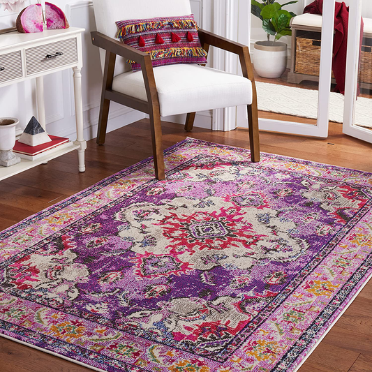Safavieh Monaco Collection MNC243P Boho Chic Medallion Distressed Non-Shedding Stain Resistant Living Room Bedroom Area Rug, 4' x 5'7", Violet / Fuchsia