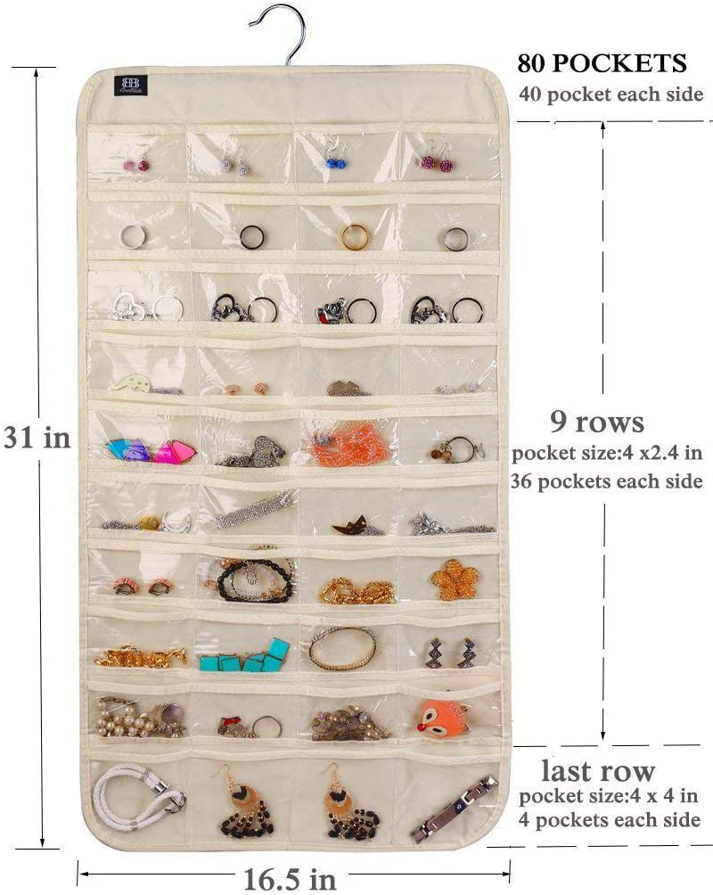 BB Brotrade HJO80 Hanging Jewelry Organizer,80 Pocket Organizer for Holding Jewelries(Beige)