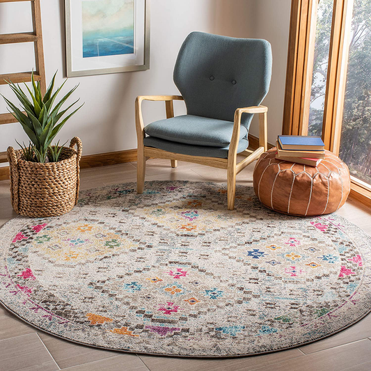 Safavieh Madison Collection MAD418F Boho Diamond Distressed Non-Shedding Stain Resistant Living Room Bedroom Area Rug, 3' x 3' Round, Grey / Yellow