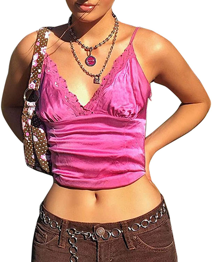 Women Y2K Cropped Tank Tops Sexy V Neck Spaghetti Strap Crop Top Lace Cami Shirt Sleeveless Patchwork Camisole