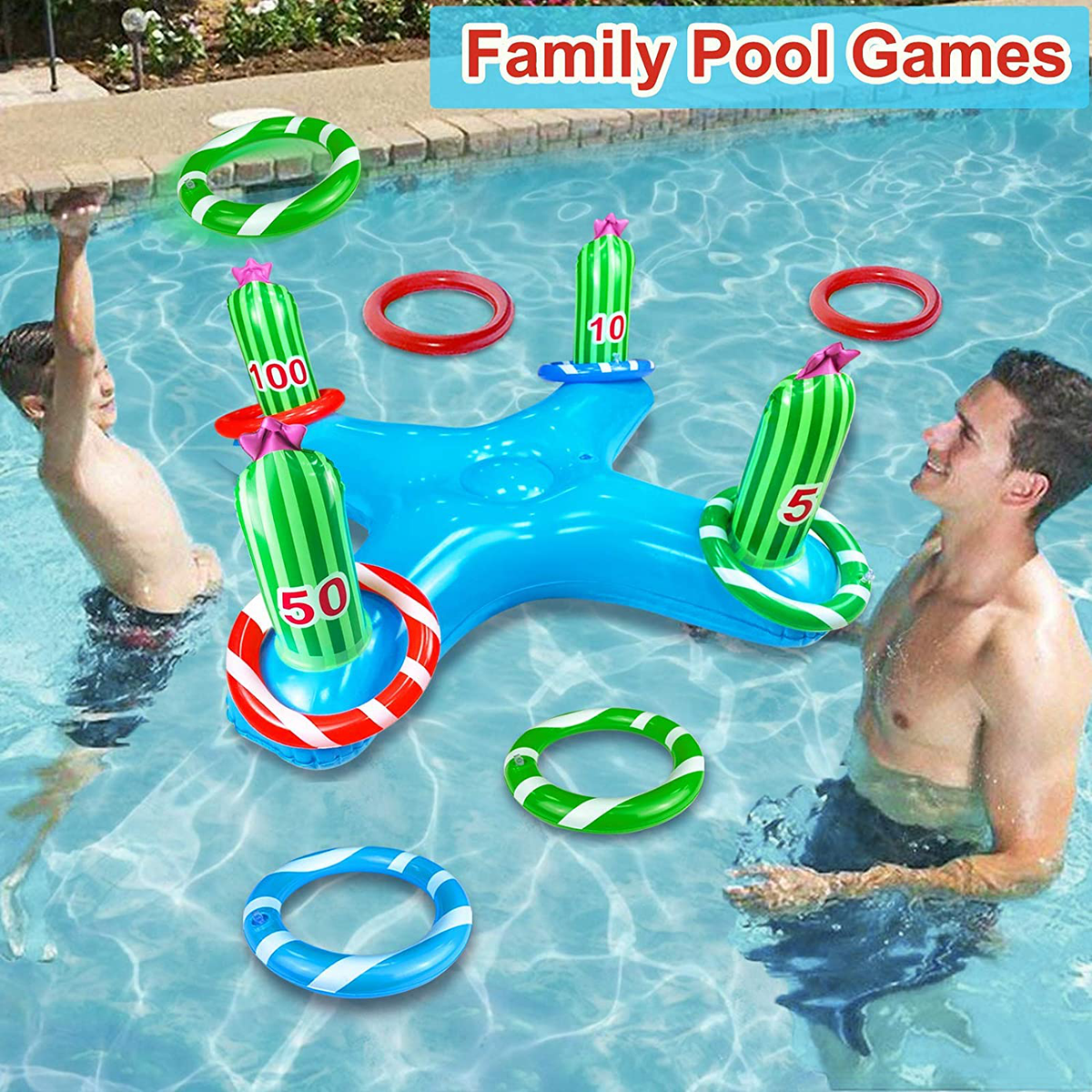 Inflatable Pool Toys Large Pool Cactus Ring Toss Games, Floating Swimming Pool Toy for Kids Teens Summer Beach Backyard Outdoor Water Play Family Party Pool Accessories(44 x44x 18.5 inch)
