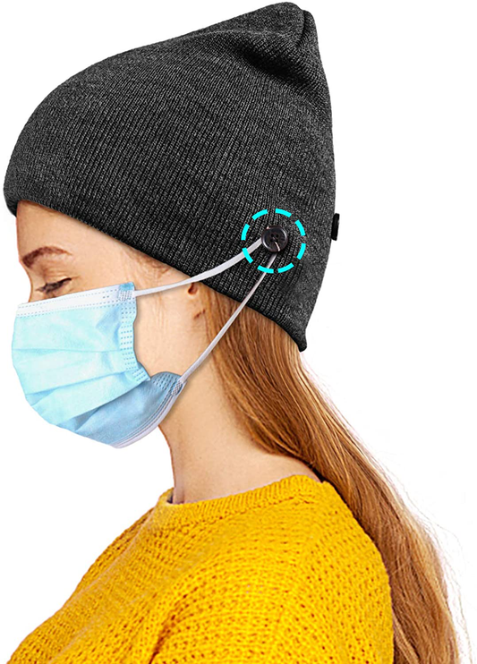 Winter Beanie Hat for Women Men, Stretchy Knit Hat with 4 Buttons to Hold Mask, Skull Caps, Mask Hat