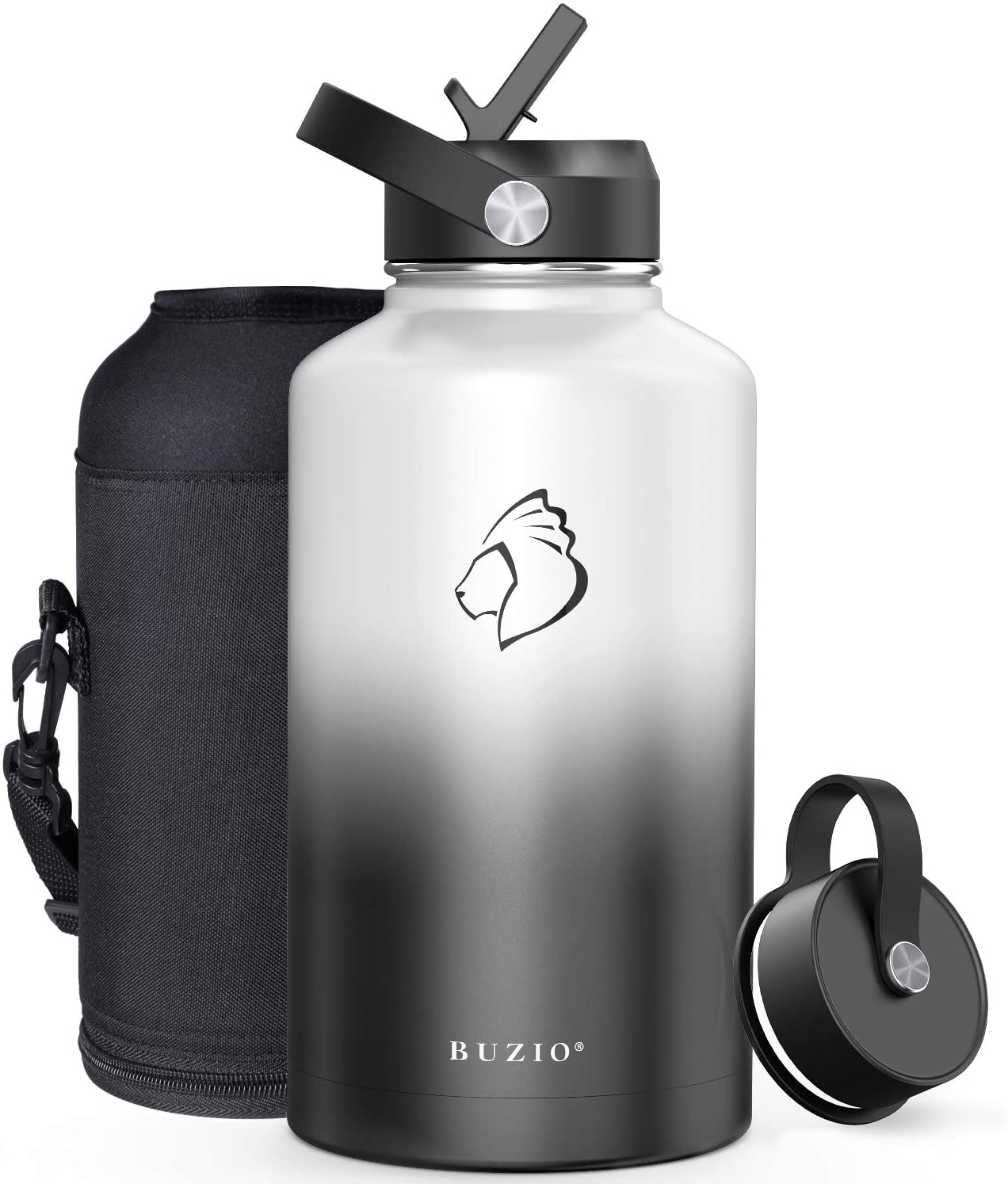 BUZIO Insulated Water Bottle with Straw Lid and Flex Cap, 32oz, 40oz, 64oz, 87oz Modern Double Vacuum Stainless Steel Water Flask, Cold for 48 Hrs Hot for 24 Hrs Simple Thermo Canteen Mug,BPA-Free