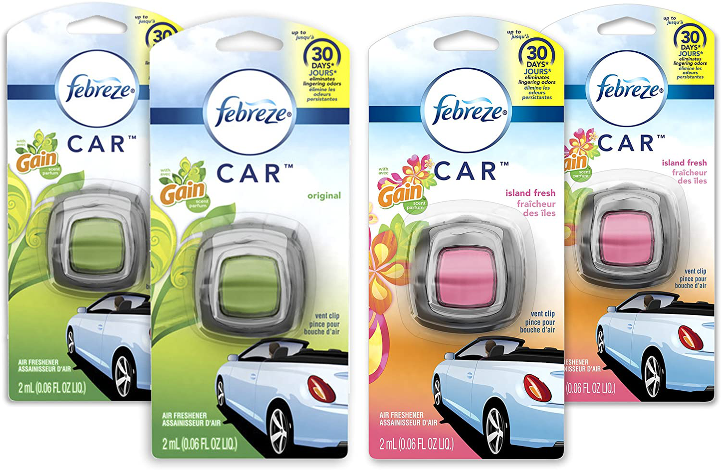 Febreze Car Air Freshener Vent Clips, 2 Gain Original and 2 Gain Island Fresh Scents, Odor Eliminator, 4 Count