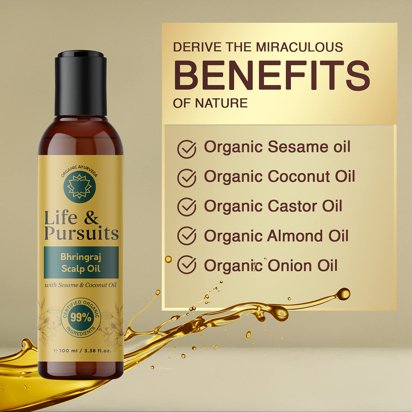 Life & Pursuits Organic Hair Growth Oil (6.76 fl oz) - Ayurvedic Scalp Therapy Oil for Healthy Hair, Goodness of Bhringraj, Amla, Coconut, Sesame, Almond, Onion, & Castor Oil