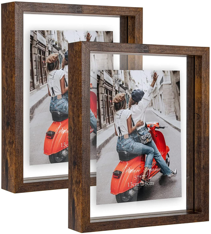 WIFTREY 2 Pack 4x6 Floating Picture Frames, Double Glass Rustic Photo Frame for Wall Hanging or Tabletop Standing, Displays Photo up to 6x8, Brown