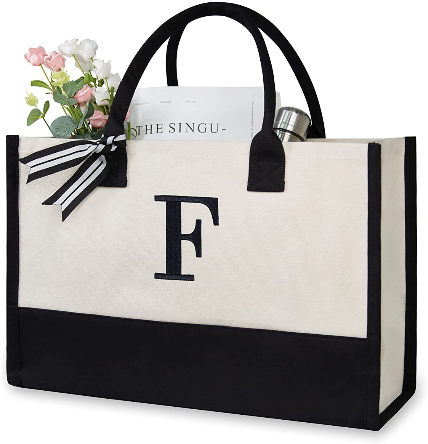 Personalized Initial Canvas Beach Bag, Monogrammed Gift Tote Bag for Women