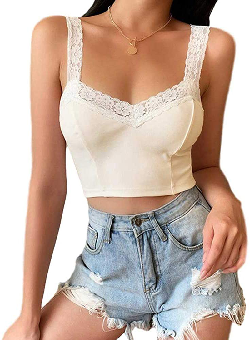 Women Y2K Cropped Tank Tops Sexy V Neck Spaghetti Strap Crop Top Lace Cami Shirt Sleeveless Patchwork Camisole