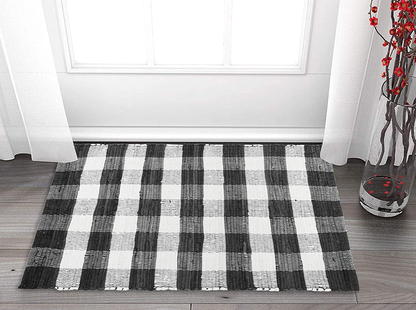 GLAMBURG Cotton Buffalo Check Plaid Rugs Washable, Handwoven Checkered Rug Welcome Door Mat 18x30 Rug for Kitchen Bathroom Outdoor Porch Laundry Living Room, Farmhouse Reversible Rag Rug Black White
